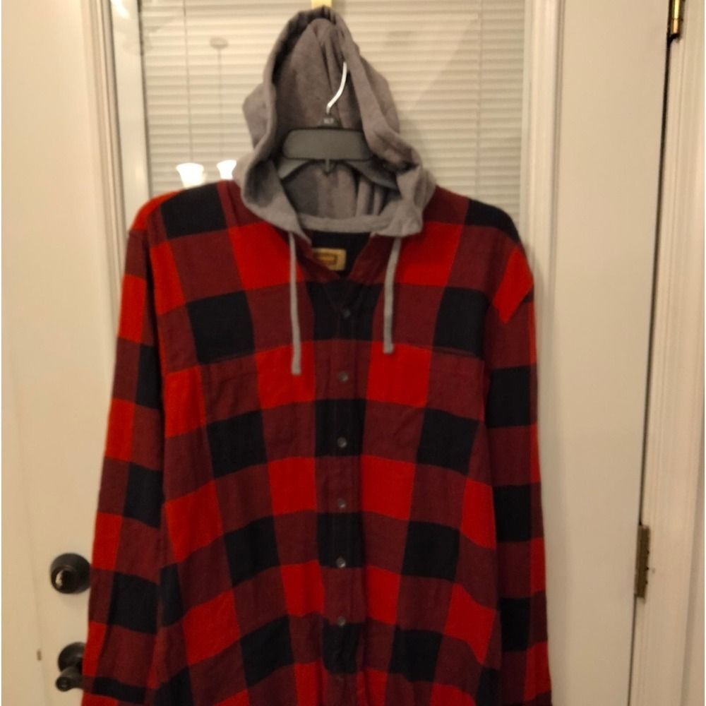 Foundry Hooded Cotton blend fleece red, black plaid shirt jacket Men  XL tall